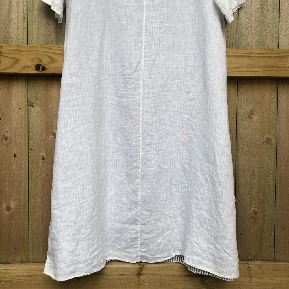 AMO 100% Linen Lagenlook Midi Dress White Navy Stripes Layered Italy with Scarf - Picture 10 of 14